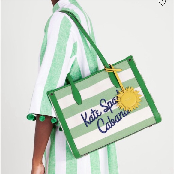 NWT-Kate Spade-Market Cabana☀️Canvas Medium Tote-Green & White Striped-$228: - Picture 16 of 16